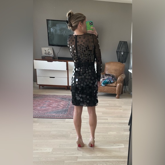 BCBG black mini dress with sheer long sleeves and oversized sequins size S - Picture 3 of 4